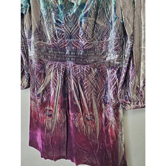 One World Y2K Velvet Empire Waist Puff Sleeve V Neck Peacock Print Tunic Top - Picture 2 of 8